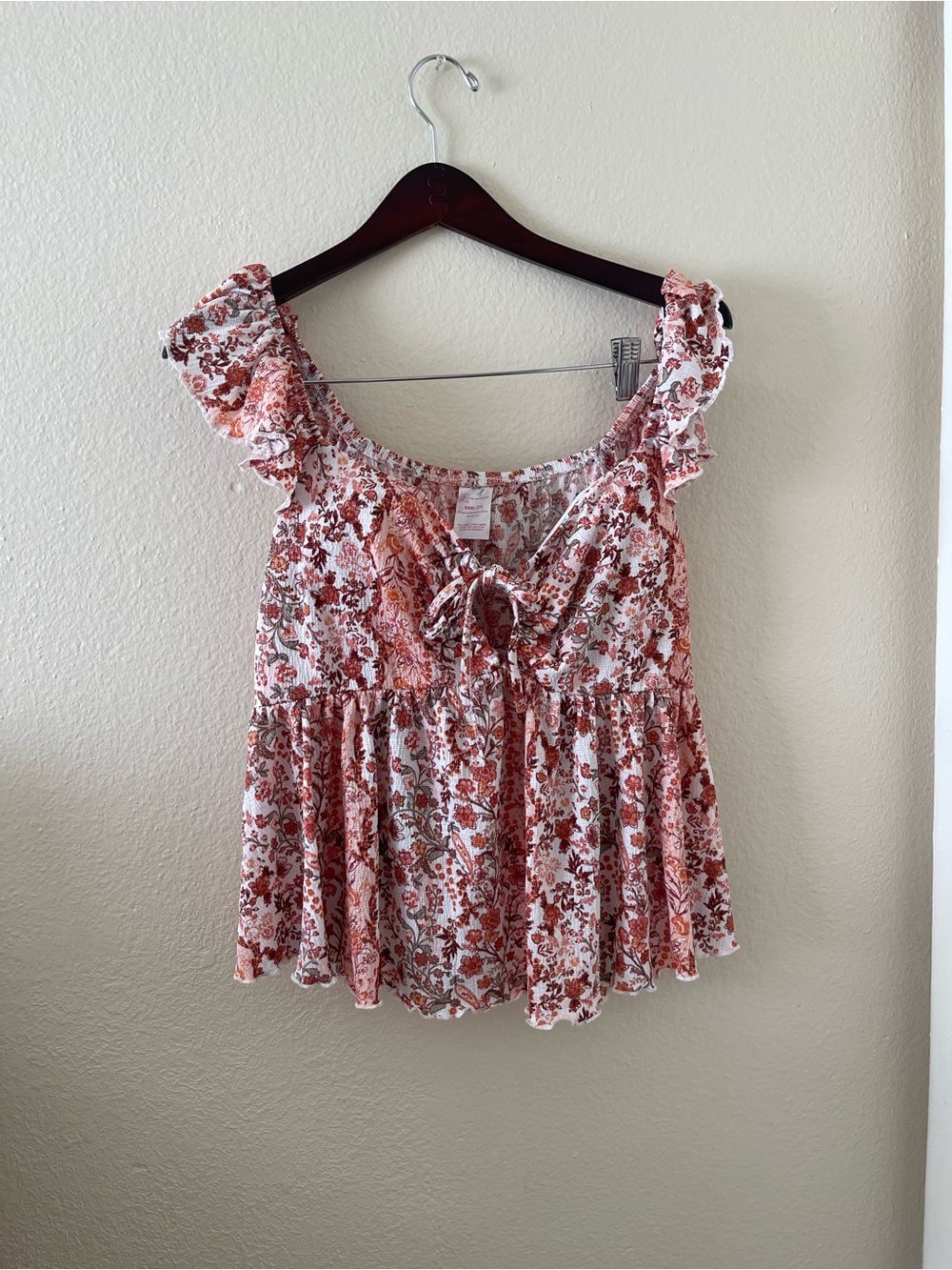 No Boundaries Rust and White Floral Tie-Front Camisole